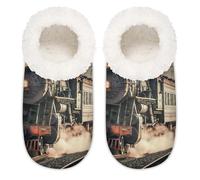 Retro Steam Train House Slippers for Women Men, Train Pattern Memory Foam House Shoes Comfy Anti-Slip Slipper Socks for Indoor Bedroom, Sizes 5-6