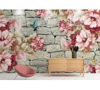 Retro Stone Wall Pink Flowers Flying Birds 3D Wallpaper Luxury Silk Study Dining Feature Sofa Grey Bedroom Living Room Tv Decorative Wall-200cm×140cm
