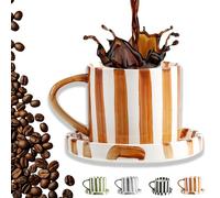 Retro Striped Hand-Painted Ceramic Mark Hand-Held Cup, Retro Striped Ceramic Coffee Mug, 2026 Stripe Hand Painted Ceramics Mug with Disc, Stripe Coffee Mugs with Sip Hole (Brown Set)