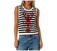 Retro Striped Knit Vest Women Contrast Edge Sleeveless Lobster Pattern Top | Trendy Lobster Jacquard Sweater Vest. Soft Knit & Chic Contrast Trim. Perfect for Layering Over Shirts or Wearing Solo.