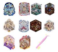 Retro Style 3D Miniature Scene 10 Sets of Stickers,DIY House Sticker Scene with Tweezers Make Your Own Cute Cartoon Sticky Pack for Adults Girls Relief Stress,Party Favors Birthday Gift