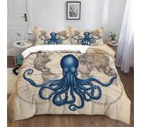 Retro Style Bedding Sets King, Vintage Style Octopus World Map Duvet Cover Soft & Breathable Quilt Cover, Easy Care Luxury Duvet Cover with Pillowcase