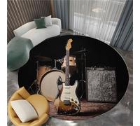 Retro Style Drum Set Guitar Round Rugs 100 cm Area Rug Washable Moisture Barrier Round Carpet, Black Soft Non-Slip Low Pile Circle Carpet - Entryway Office Bedroom Living Room Runner