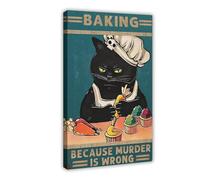 Retro-style Fun Black Cat Cake Baking Kitchen Decoration Canvas Poster Wall Art Decor Print Picture Paintings for Living Room Bedroom Decoration 24" L X 36" W