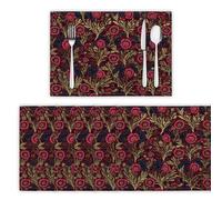 Retro-Style Gorgeous Floral Placemats Set for Dining Table, 30x45cm Small Vine Flowers Heat Resistant Washable Table Mats Set of 4 for Holiday Kitchen Dining Decoration, Burgundy Red