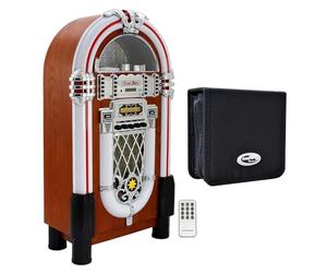 Retro Style Illuminated Jukebox Sound System with Bluetooth & FM Radio + 48 CD/DVD Carry Case - Vintage Music Player with LED Lights, USB, AUX & Remote Control Bundle