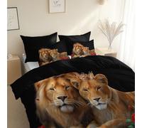 Retro Style Male And Female Lions Duvet Cover Double 200 x 200 cm, with 2 Pillowcases, Black Ultrasoft Hypoallergenic Quilt Easy Care, Washable - Reversible Design For All Seasons