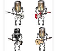 Retro Style Microphone Robot Desk Lamp Holding Guitare Vintage, Vintage Guitar Robot Desk Lamp, Steampunk Style Table Lamp, Robot Desk Lamp with A Guitar with LED, for Bedroom, Living Room (Black)