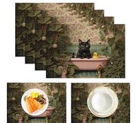 Retro Style Modern Table Placemats Set of 6, Durable, Stain-Resistant, Machine Washable & Reusable, Perfect for Parties, Holiday Decor and Everyday Use, 45x30cm, Green Black Cat Bathroom Rubber Duck