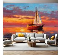 Retro Style Mural Wallpaper Sailboat at Sunset in The Ocean Photo Wallpaper 3D Effect 200 x 140 cm Non-Woven Wall Mural Home Bedroom Living Room Tv Background Poster Decoration