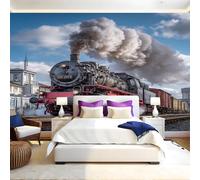 Retro Style Photo Wallpaper 3D Effect Steam red Train Mural Wallpaper Non-Woven Wall Mural, 350 x 256 cm Large Murals Wall Decor for Bedroom, Living Room, Kids Room