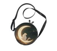 Retro Style Simple Moon Cat Round Sling Bags Crossbody for Ladies Fashion with Adjustable Strap Small Black Purses For Hiking Traveling Canvas Messenger Purse