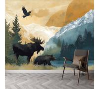 Retro Style Wallpaper Mural Animal Mountains Deer Bear Wall Mural 350 x 256 cm (W x H), Premium Non-Woven Removable Wallpaper - Waterproof Wall Decoration Poster Modern Picture Design