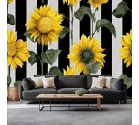 Retro Style Wallpaper Mural Black and White Stripes Flowers Sunflowers Effect Wall Mural, Non-Woven Print Photo Wallpaper for Bedroom Living Room Kitchen Office Kids Decor 400 x 280 cm