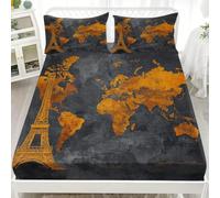 Retro Style World Map Tower Soft Cozy Brushed Microfibre Fitted Sheet Set Double 54x75 inch 30cm Deep Pocket Grey Fitted Bed Sheet Breathable Hypoallergenic Bedding for Boys Girls