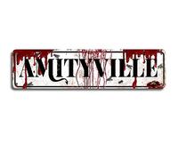 Retro-Styled Metal Tin 'Amityville' Sign - A Must-Have for Horror Enthusiasts - Vintage Home Wall Decor - Blood-Splattered Design - 16x4 inches (B67)