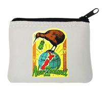 Retro Styled New Zealand Kiwi World Map Neoprene Coin Purse Pouch 10x11cm White