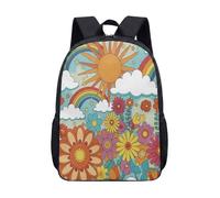 Retro Sun Rainbow Flower Boho Print 17 Inch Backpack, Vibrant Psychedelic School Bag for Kids Teens Students (01)