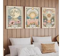 Retro Sun Stars and Moon Tarot Cards Art Prints, Flower Plant Celestial Wall Decor Bohemian Posters Celestial Decor(30x40cmx3/Inner Frame)