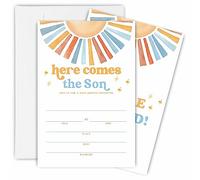 Retro Sun Theme Baby Shower Invitations, Here Comes The Son Baby Shower Fill-In Invitation Cards With Envelopes - Gender Reveal Party Decorations & Supplies-B11
