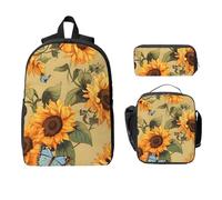 Retro Sunflower Butterfly Backpack Set for Girls Boys with Lunch Bag Pencil Case Floral Vintage 3 Pieces School Bags Insulated Lunchbox Gifts for Women Men