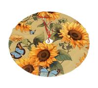 Retro Sunflower Butterfly Christmas Tree Skirt 30 Inch Floral Vintage Plush Xmas Tree Mat Holiday Decoratio Floor Protector for Home Party Festival