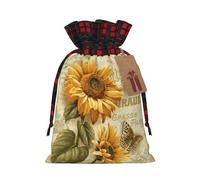 Retro Sunflower Print Festive Plaid Gift Bag, Candy Bag, Drawstring Burlap Pouch For Holiday Presents Favor-M