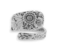 Retro Sunflower Spoon Ring for Women Adjustable Oxidized Silver Victorian Vintage Boho Finger Comfort Fit Adjustable Floral Thumb Jewelry Cherry Blossom Wrap Around Open Band Girls Christmas Gift