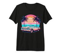 Retro Sunset Car Scene Beach Palm Pastel Color Vintage Premium T-Shirt