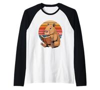 Retro Sunset Cute Capybara Reading Books Raglan Baseball Tee