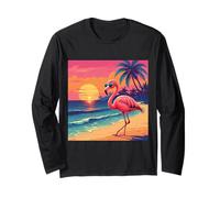 Retro sunset flamingo with sunglasses sandy beach with palms Long Sleeve T-Shirt