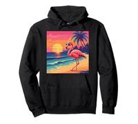 Retro sunset flamingo with sunglasses sandy beach with palms Pullover Hoodie