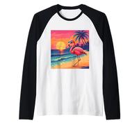 Retro sunset flamingo with sunglasses sandy beach with palms Raglan Baseball Tee