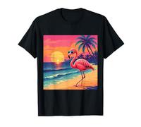 Retro sunset flamingo with sunglasses sandy beach with palms T-Shirt
