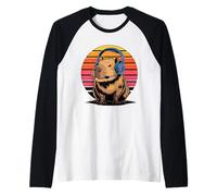 Retro Sunset Gaming Capybara with Headset Raglan Baseball Tee