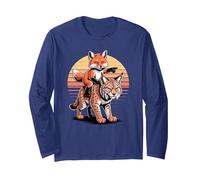 Retro Sunset Lynx Fox Lynxes Long Sleeve T-Shirt, Adult Unisex, Navy Blue, Large