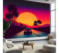 Retro Sunset Mountains Car Palm Trees Non-Woven Wallpaper 400 x 280 cm Bedroom Wall Mural, Orange Color Photo Wallpaper Poster Wall Covering - Children’s Room Home Restaurant Living Room Hallway