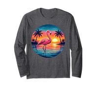 Retro Sunset Pink Flamingo Palm Tree Beach Tropical Summer Long Sleeve T-Shirt