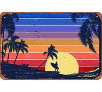 Retro Surfer Sunset Beach Graphic Palm Landscape Pictures Ocean Scenic Scenery Tropical Nature Photography Paradise Scenes Hawaii Hawaiian Style Laminated Wall Metal Tin Signs Room Stuff Wall Decor