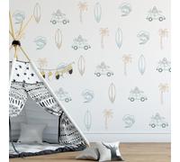Retro Surfer Theme Wall Sticker, Ocean Wall Decals, Boys Beach Room Decals，Palm Tree Sun Decoration, Peel and Stick Removable Vinyl Underwater Wall Sticker, Kids Bedroom Nursery Room Decoration.