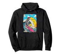 Retro Surfing Skeleton Surfer riding Wave Sunset Summerween Pullover Hoodie