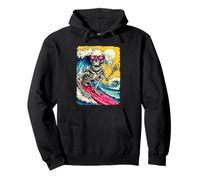 Retro Surfing Skeleton Surfer riding Wave Sunset Summerween Pullover Hoodie