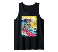 Retro Surfing Skeleton Surfer Riding Wave Sunset Summerween Tank Top