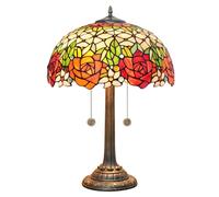 Retro Table Lamp 16 Inch Stained Glass Lampshade with Resin Base Mediterranean Baroque Rose Dragonfly Sunflower Table Light Bedroom Bedside Nightstand Study Office Lighting,Rose