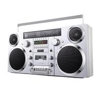 Retro Tape Player with Hi-Fi Speaker, CD/USB/Cassette/Bluetooth/AUX, Bluetooth Connection, Headphone Jack, 80s Style Portable Cassette Boombox for Family Gathering/Travel,Silver