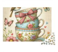 Retro Tea Cup Art 1000 Pieces Robin & Teacups Premium Puzzle Board Jigsaw Puzzle for Family Parent-child Interaction Team Building Social Activity Icebreaker 70x50cm/1000pcs