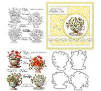 Retro Teacup Flowers Clear Stamps and Die Cuts Sets for Handmade Card Making Metal Cutting Dies Stencils Scrapbook Kit Embossing Supplies 2024-2025 Seals Template