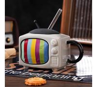 Retro Television Ceramic Coffee Mug with Straw, Novelty Test Pattern Design, Funny Mugs Gifts for Christmas，Novelty Ceramic Coffee Mug, X-mas Presents,Christmas Funny Gifts (Silver)