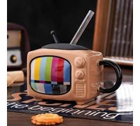 Retro Television Ceramic Coffee Mug with Straw, Novelty Test Pattern Design, Funny Mugs Gifts for Christmas，Novelty Ceramic Coffee Mug, X-mas Presents,Christmas Funny Gifts (Pink)