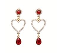 Retro temperament gentle white heart pearl wine red water droplet earrings